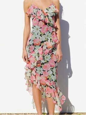Zara Floral Print Ruffle Asymmetrical Sleeveless Midi Dress